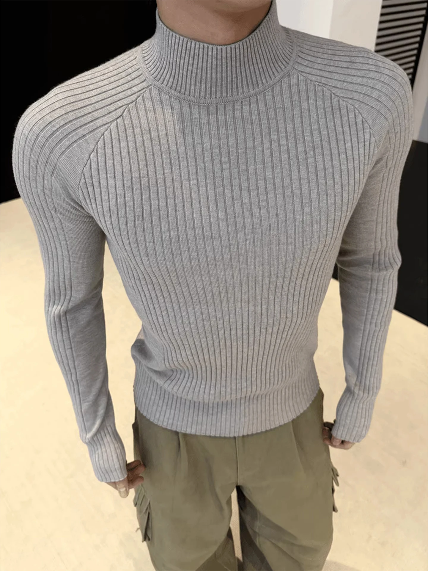 

American Texture f High Collar Long Sve Knitted Sweater Men's Fitn Spor Slim Fit Inner irt Casual Sle
