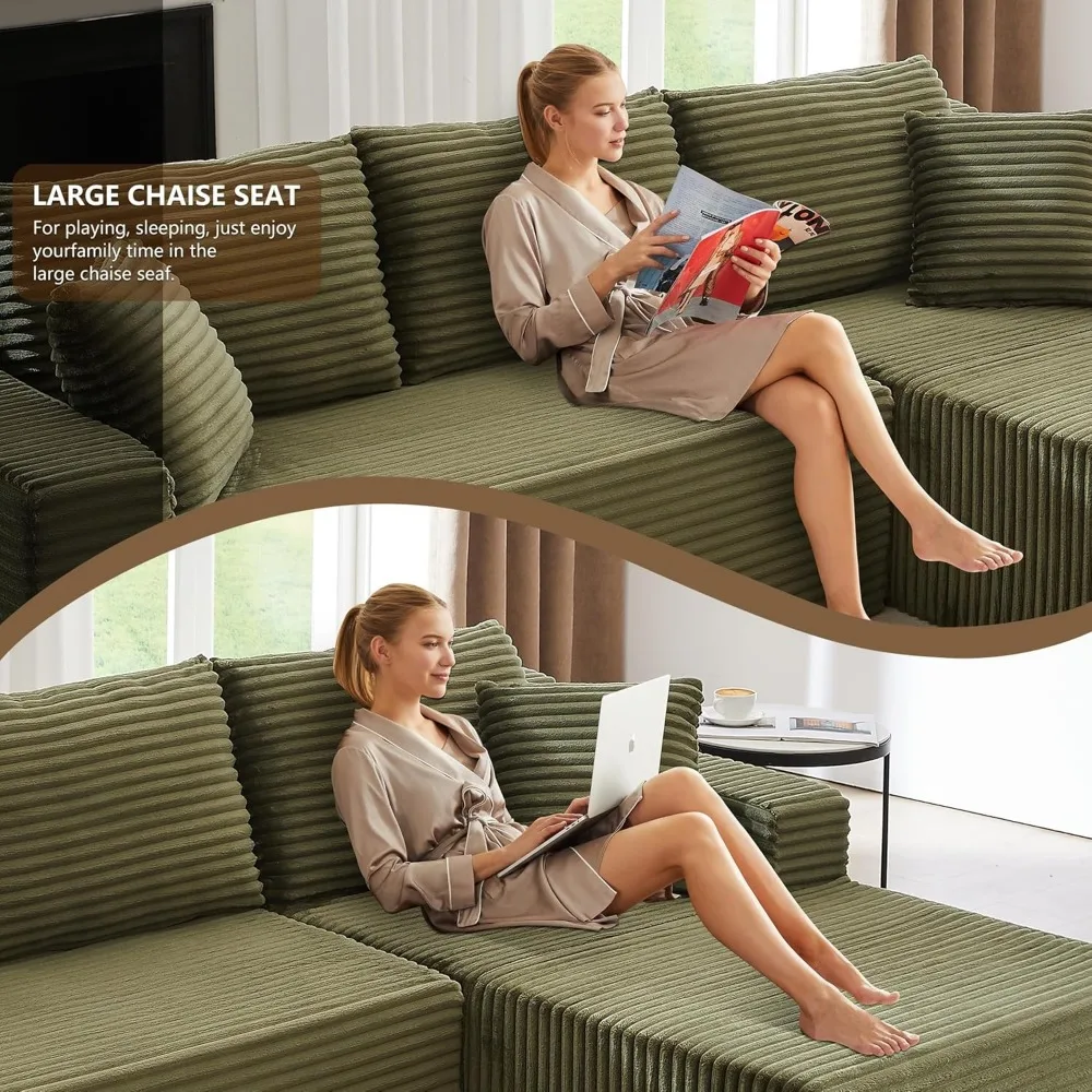 أريكة مقطعية على شكل حرف L من قماش سروال قصير، تصميم بدون عظم مع كرسي يمين، أريكة مريحة على شكل سحابة لغرفة المعيشة