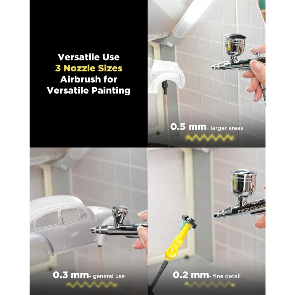 مجموعة البخاخة مع ضاغط الهواء - ضاغط هواء هادئ 1/6 حصان، بخاخة الجاذبية مع 3 أطراف 0.2، 0.3 و 0.5 مم - خرطوم #3