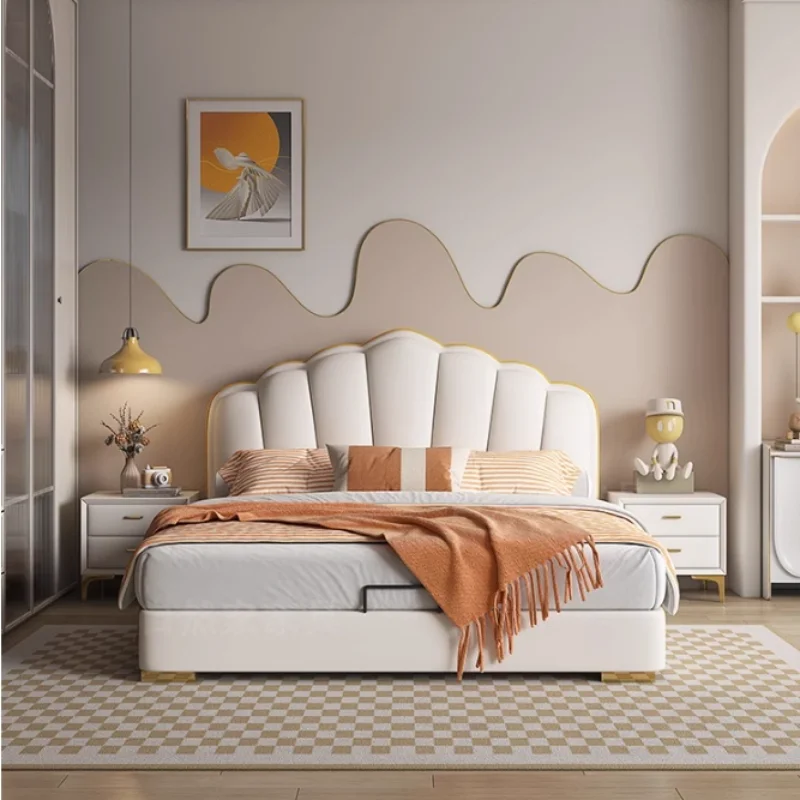 Modern Nappa Cream Wind Double Bed King Size Wooden Luxury Frame Double Bed Wooden Nordic Letto Matrimoniale Bedroom Furniture