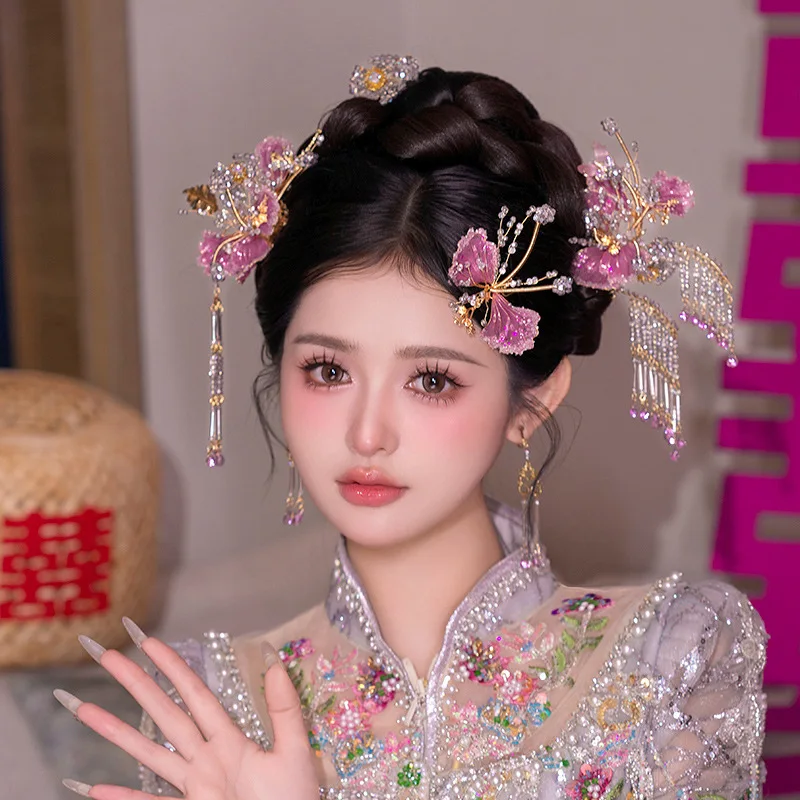 الذهبي الوردي الجديد الصينية Xiuhe غطاء الرأس مشبك شعر شيونغسام Hanfu اكسسوارات الحد من العمر سوبر شرابة Xiuhe الملابس