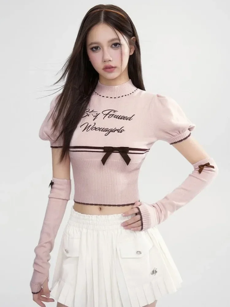 Sweet Pullovers Women Clothing Half High Collar Puff Sleeve Bow Jumper Pull Femme Fashion Knit Letter Cropped Sweater Y2k Tops