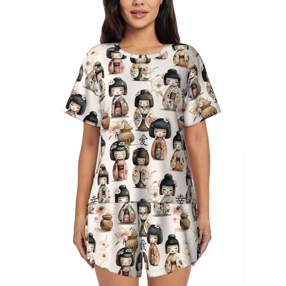 

Kokeshi Japanese Dolls Pajamas Casual O Neck Home Suit Women 2 Piece Design Short Sleeve Cute Pajama Sets