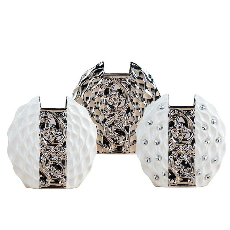 Современная керамическая ваза в виде простоты, Ручная инкрустация, покрытие, белая/серебряная композиция, вазы для цветов, украшение для дома и свадьбы