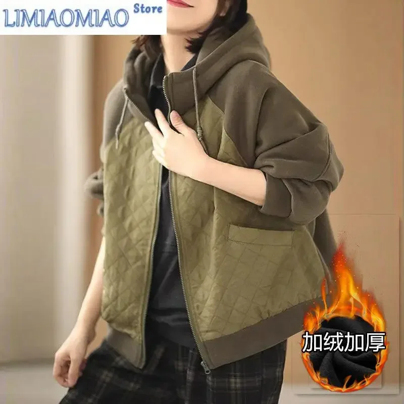 Spring Autumn Women Hooded Sweatershirt Short Cardigan Female Literature Art Casual Loose Diamond Plaid Panel Jacket Top