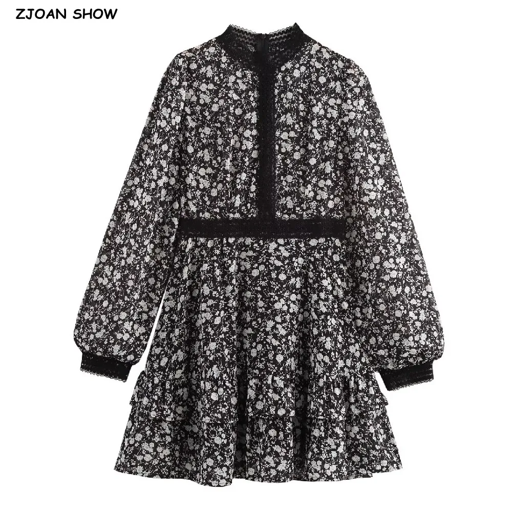 2025 خمر تقسم الدانتيل الأزهار طباعة نفخة الأكمام فستان قصير من الشيفون امرأة الخصر النحيف ألف خط هيم فساتين الصيف الصغيرة رداء #1