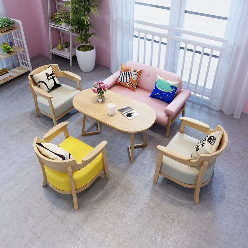 

Milk tea shop table and chair Solid wood reception negotiation Lounge area Library book bar Casual restaurant booth cafe sofa