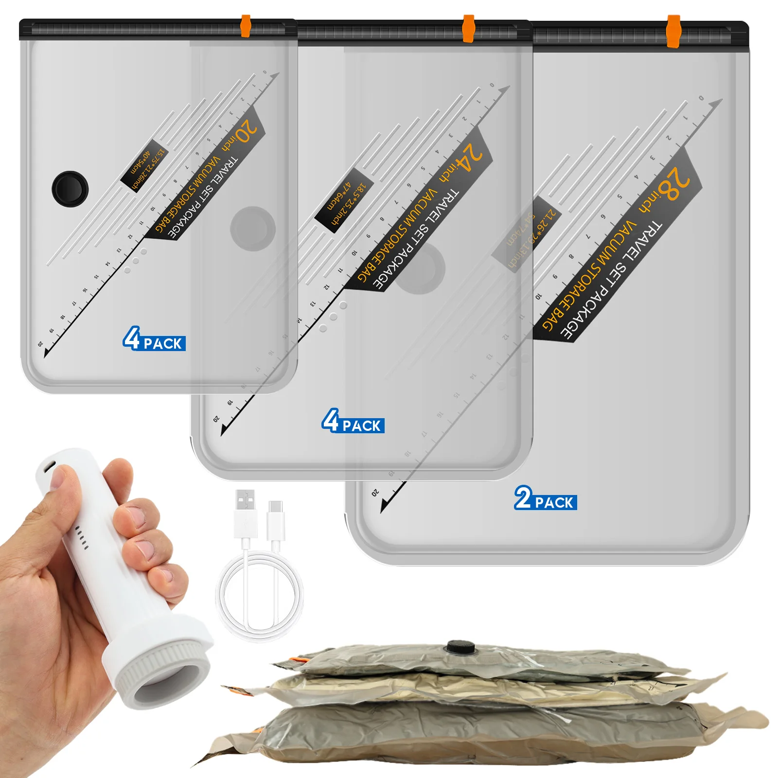 

Набор из 10 вакуумных пакетов для хранения с беспроводным электрическим насосом, многоразовые прозрачные вакуумные пакеты для одежды, багажа и путешествий