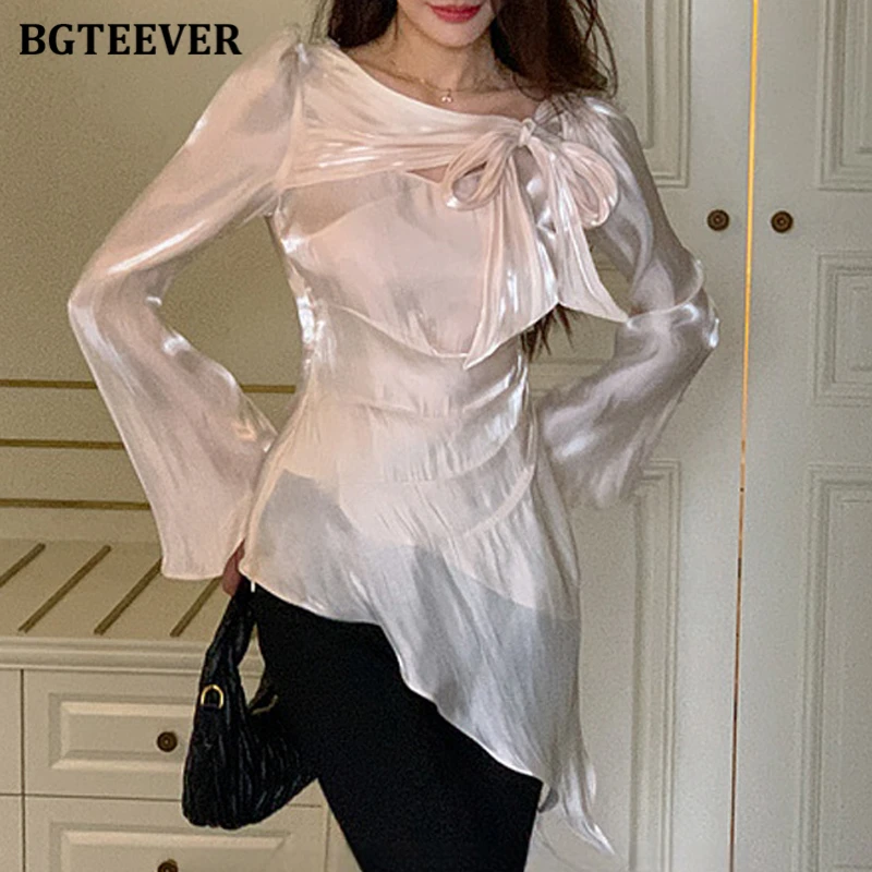 BGTEEVER Stylish Irregular Women Pullovers Blouses Tops Autumn Fashion Long Sleeve Slim Waist Female Off-the-shoulder Shirts