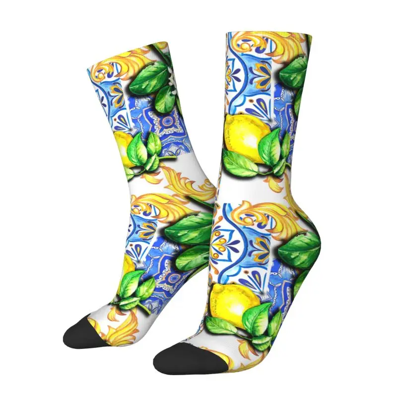 Custom Kawaii Mediterranean Lemons Tiles Socks Men Women Warm 3D Printing Sports Football Socks