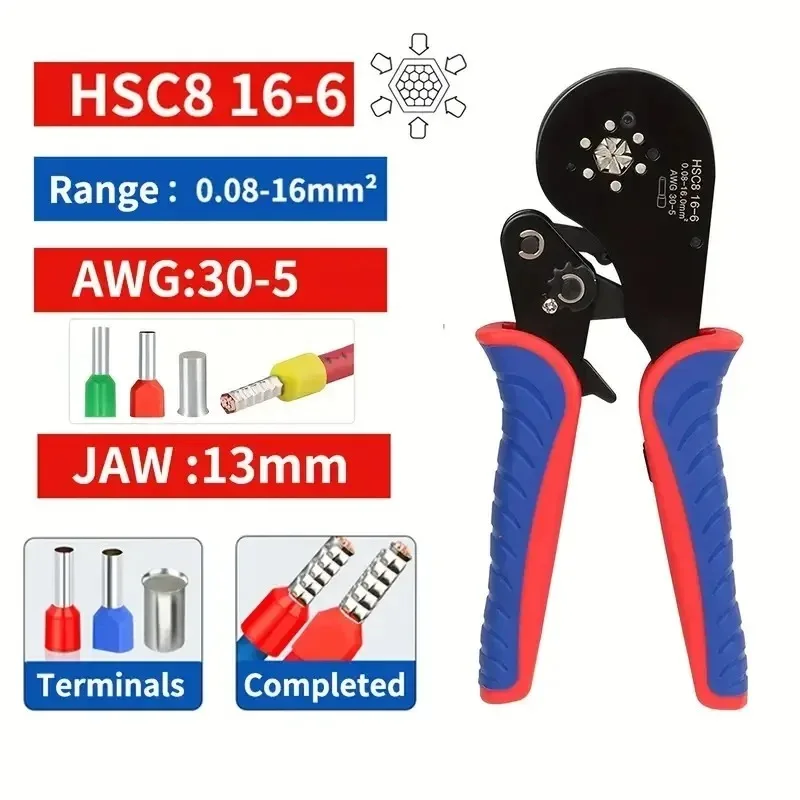 1Pcs HSC8 16-6 Ferrule Crimping Tool 0.5-16mm²/30-5AWG Tubular Terminals Crimper Mini Pliers For Terminals Electrical Clamps