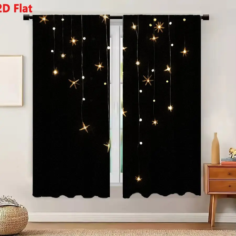 2Pcs Curtains Add 2D Flat String Of Decorative Fairy Lights With Spherical And Star Bulbs Emitting Warm Golden Yellow Glow For F