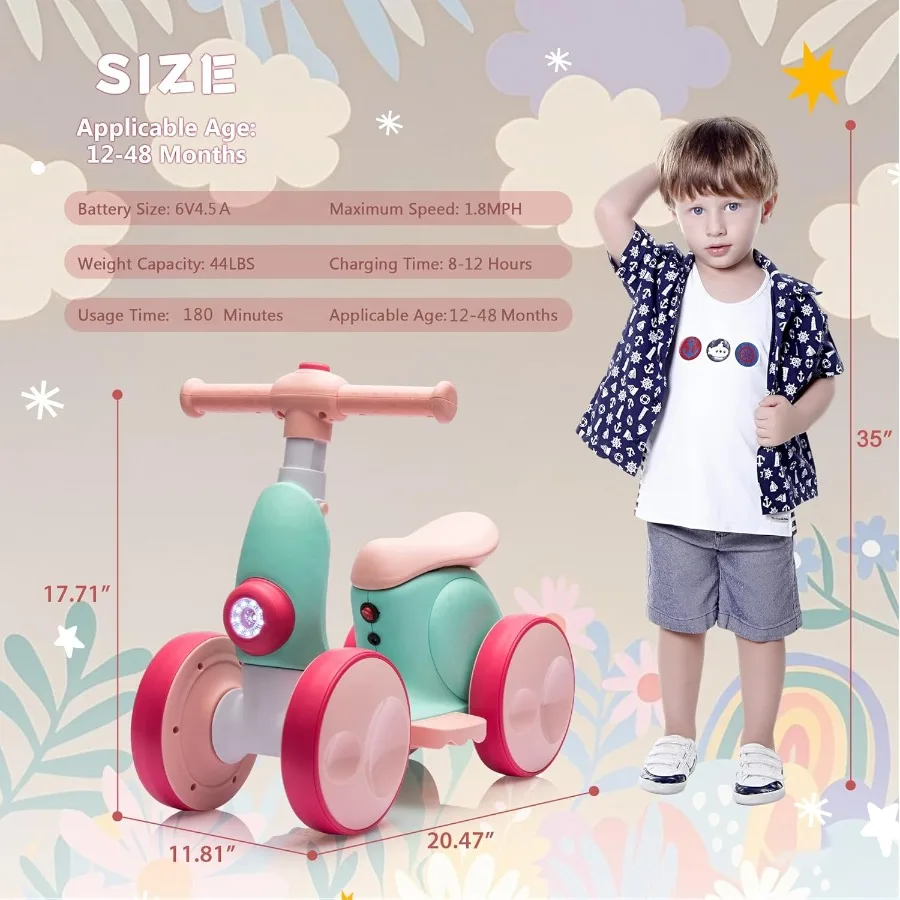 จักรยานทรงตัวไฟฟ้า 6V สำหรับเด็กอายุ 1 ปี ทั้งเด็กชายและเด็กหญิง ของเล่นขี่สำหรับเด็กอายุ 12-48 เดือน จักรยานทรงตัวสำหรับเด็กเล็ก 4 ล้อ จักรยานคันแรก