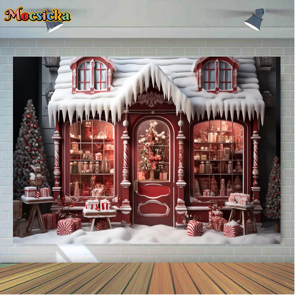 Mocsicka Winter Kerst Fotografie Achtergrond Xmas Boom Snoep Huis Vakantie Feest Familie Kids Foto Backdrops Studio