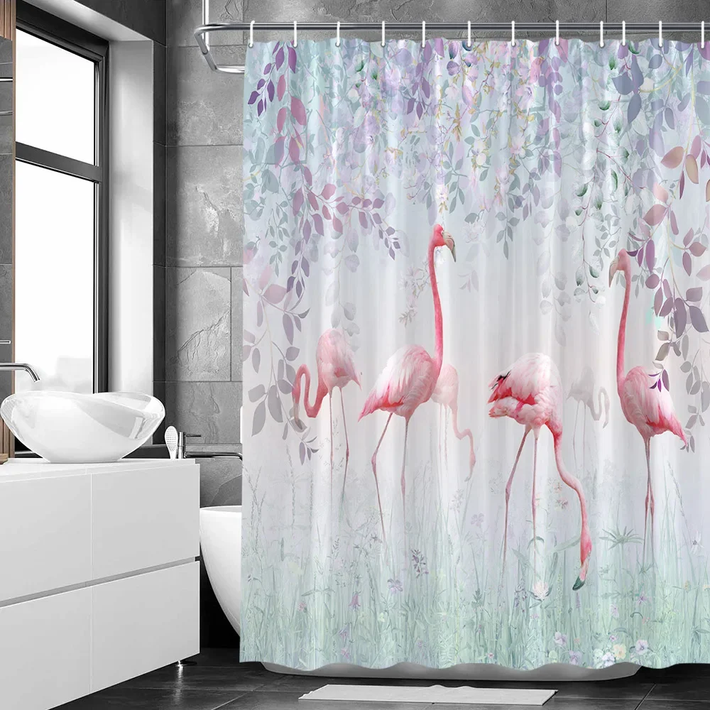 Flower Landscape Shower Curtains Floral Butterfly Flamingo Rose Garden Landscape Rural Scenery Bath Curtain Set Bathroom Decor