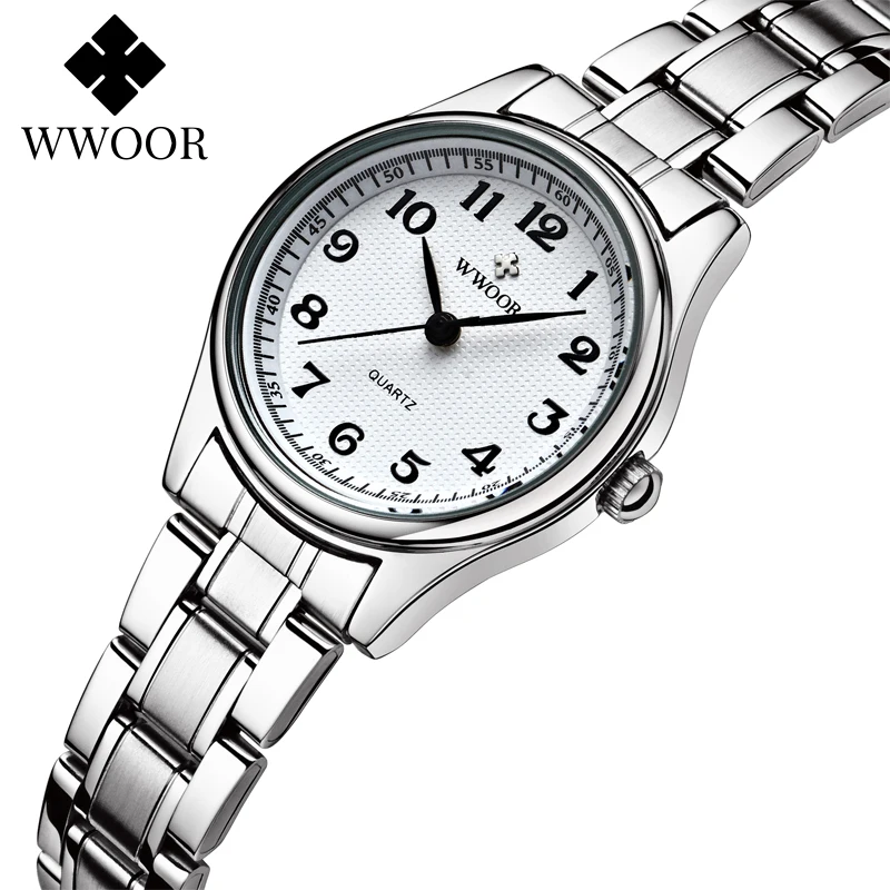 WWOOR-reloj de cuarzo informal para mujer, con números arábigos cronógrafo de pulsera, pequeño, de acero inoxidable