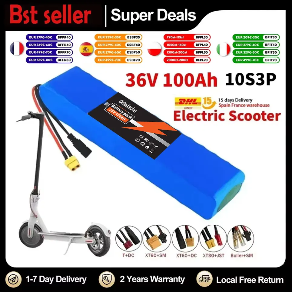 Batterie au lithium rechargeable 36V 100Ah, pack de batteries 18650 10S3P 1000W, batterie de scooter électrique 36V modifiée avec BMS, SYP XT60 JST