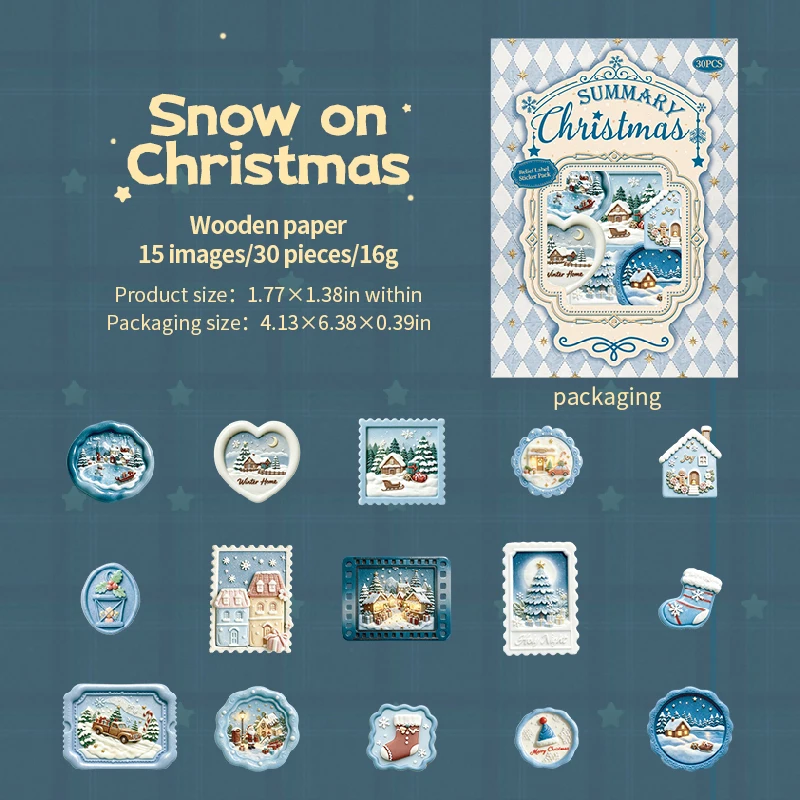 30 stuks retro kerstlabels, reliëf, gemengde vormen, feestdagenstickers voor junk journals, scrapbooking, planners en kaarten