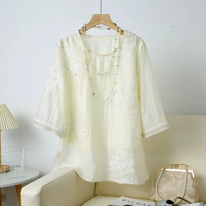 

New Chinese Style Women's Shirt 2025 Fashion Embroidered Beaded Sequin Blouse 7 Sleeve Round Neck Tops Vintage Thin Shirt Female