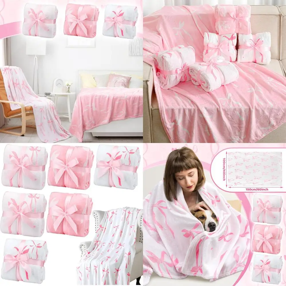 

Flannel Pink Throw Blanket with Bowknot, 40x60, Soft & Lightweight for Cozy Sleepovers, Sofa, Couch, Travel, and Festive Decor