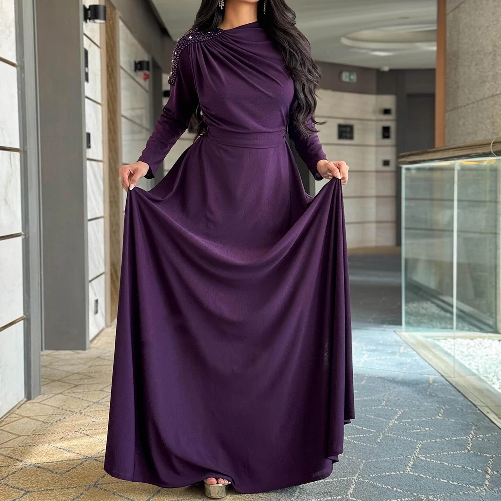 

Customized A-line Evening Dresses Floor-length V-neck Full Sleeve Prom Gown Fashion Beading Crystal Simple Draped Party Gown