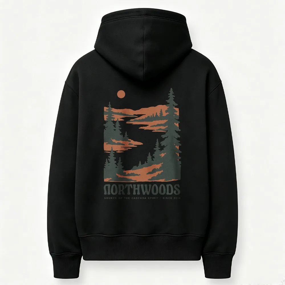 Northwoods Lake Pine Tree Sunset Graphic Hoodie Vintage Forest Mountain Nature Landscape Print Pullover Hooded Sweatshirt Tops