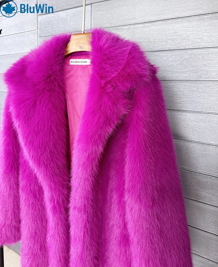 BluWin 11 цветов, роскошное длинное пальто из искусственного меха, женская зимняя уличная одежда 2025 года, куртка с плюшевым мишкой, верхняя одежда макси с зубчатыми лацканами