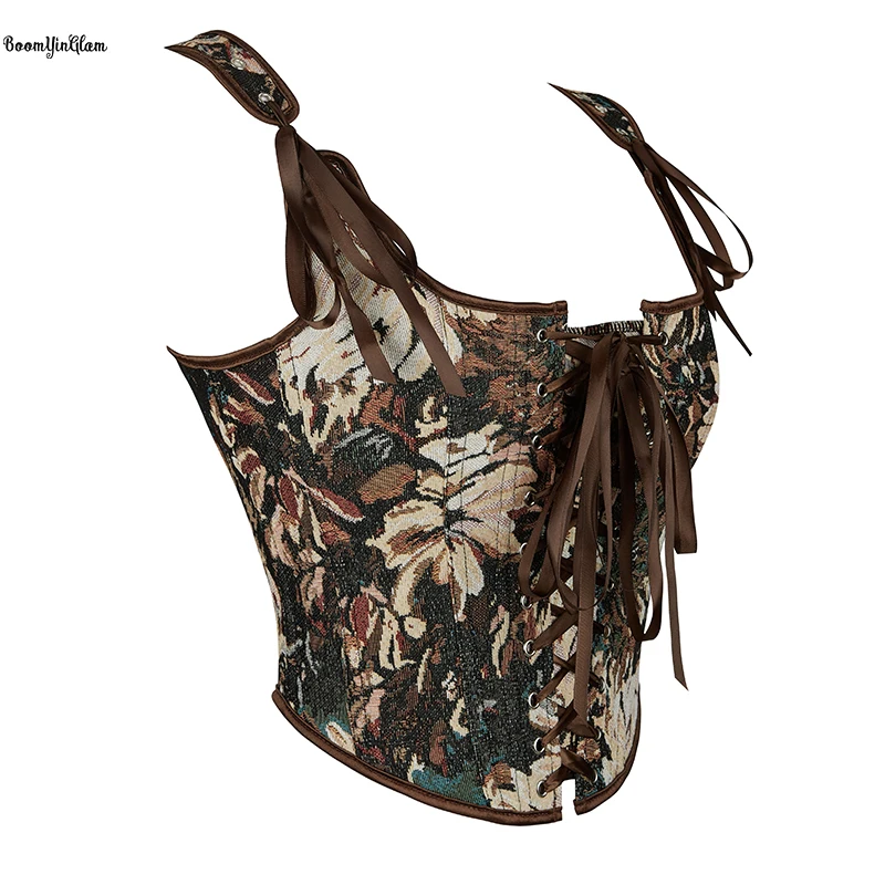 13 Glue Bones Brown Steampunk Women Clothing Shoulder Strap Cottagecore Corset Bustier With Drawstring