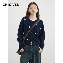CHIC VEN Korean Women Cardigan O Neck Stereoscopic Flower Knitted Sweater Female Short Knit Jumpers Spring Autumn 2024