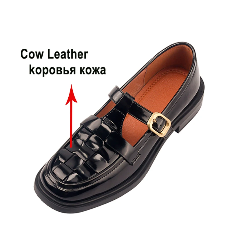 Meotina Women Genuine Leather Round Toe Flats Weave T-Buckle Ladies Fashion Casual Shoes Spring Autumn Brown Black 40