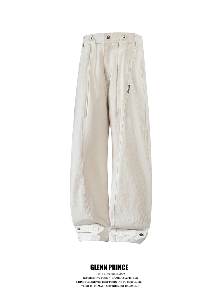 

GPstudio Vintage Cotton Linen Blend Adjustable Cuff Straight Leg Casual Pants Men High Street Drape Wide Leg Pants