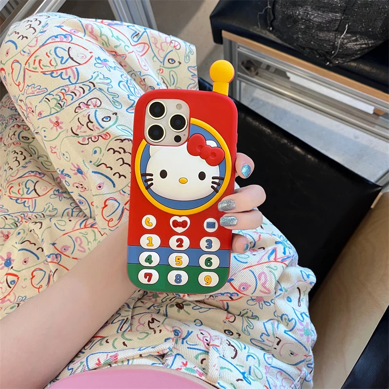 Phone Case for iPhone 17 Pro Max 16 15 14 13 Pro 12 Pro Max 3D Cartoon Hello Kitty Retro Phone Stereoscopic Soft Silicone Cover