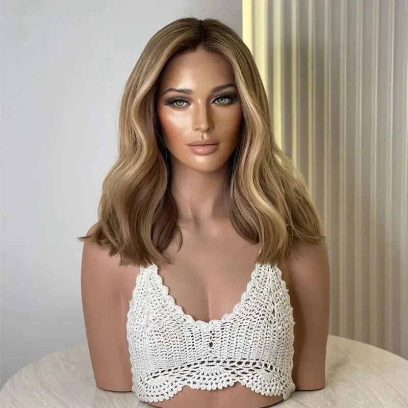 

Good Quality Ombre Blonde Brown Balayage HD Wig Soft Natural Synthetic Lace Front Wig with Dark Roots Wave Bob Natural Hairline