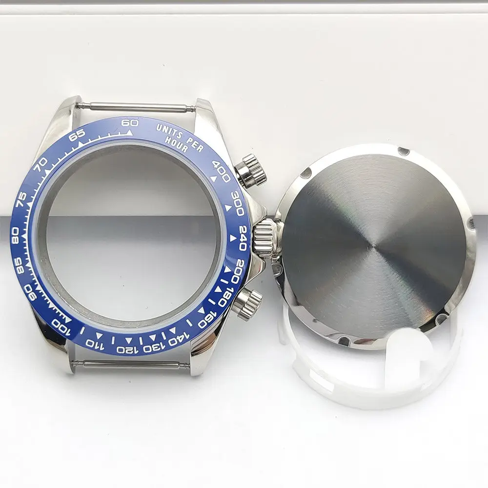 40mm, for the modification of the VK63 watch. The case is 50m water-resistant, with sapphire glass and a ceramic bezel.