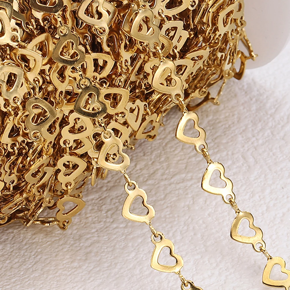 Catene in acciaio inossidabile con cuore d'amore da 2 metri e 1 metro, catena a maglie scavate color oro per collana, braccialetto, creazione di gioielli fai da te