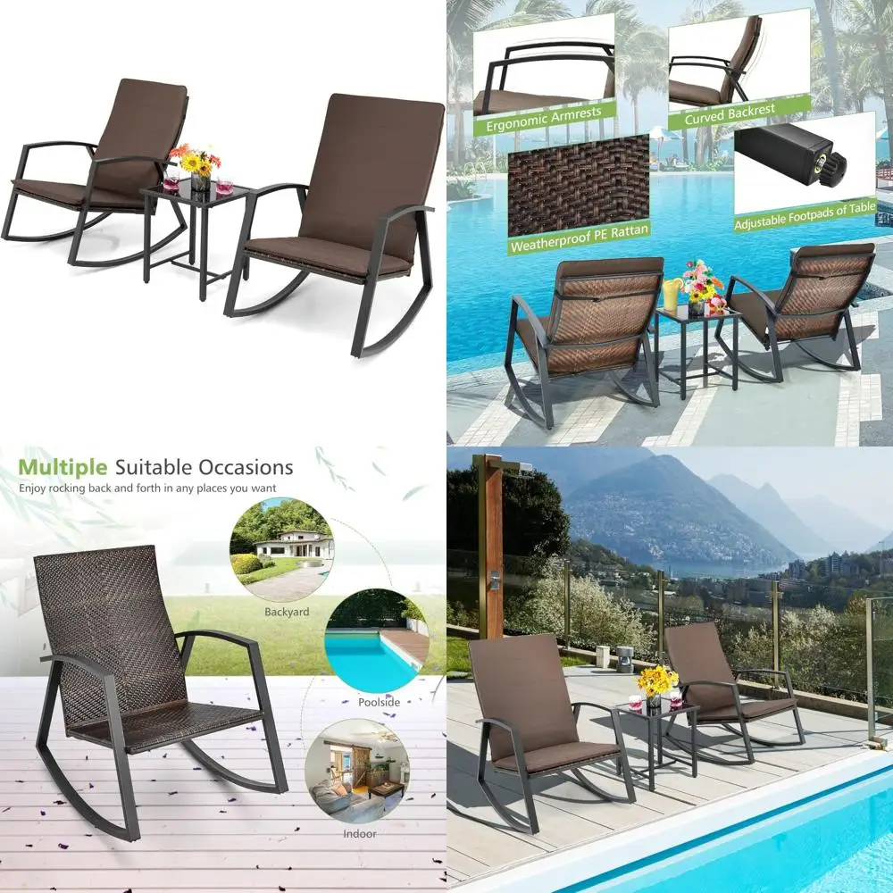 

Patio Rattan 3-Piece Rocking Set with High Back Chairs and Coffee Table