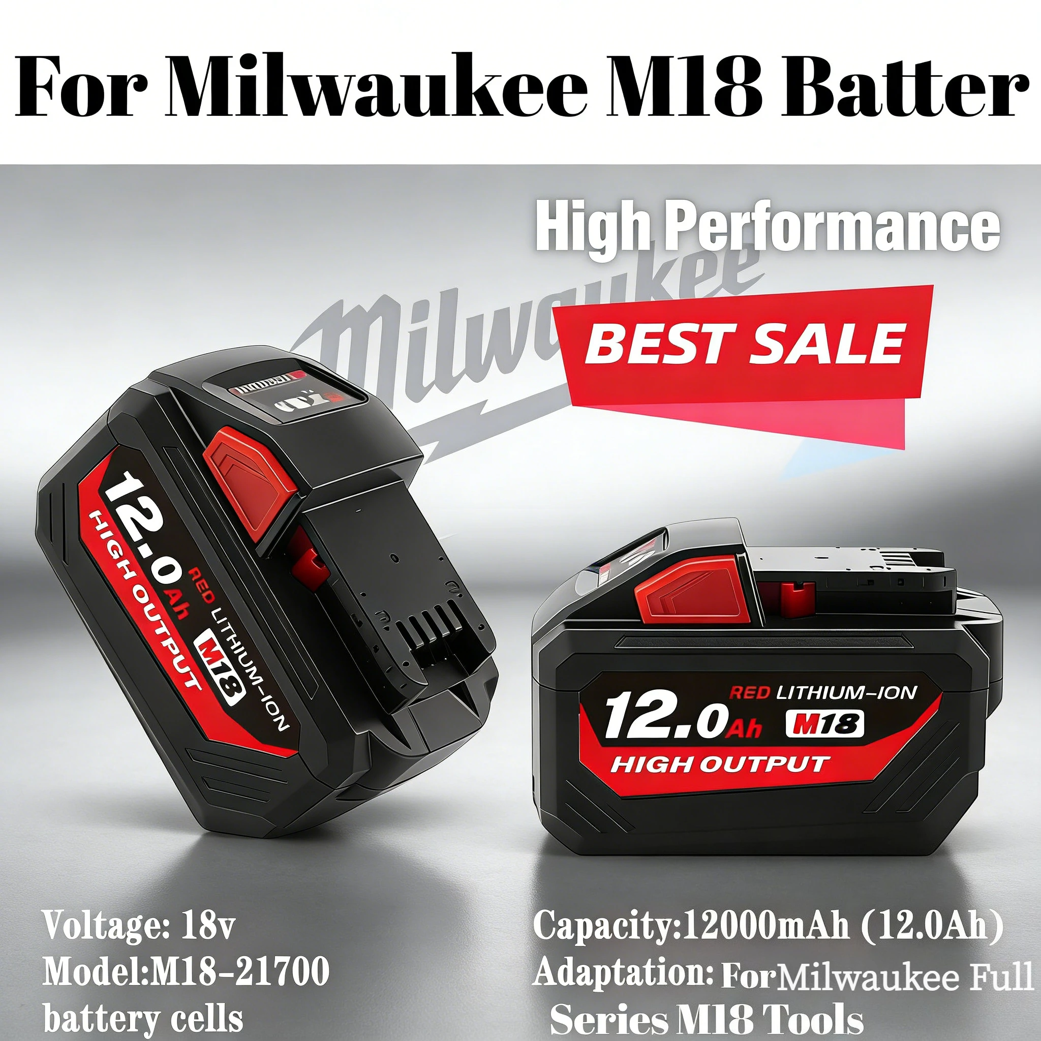 

Rechargeable 8.0Ah 12.0Ah M18 Battery,For Milwaukee 18V Tools Battery Replaces 48-11-1860 48-11-1850 Has discharge stability.