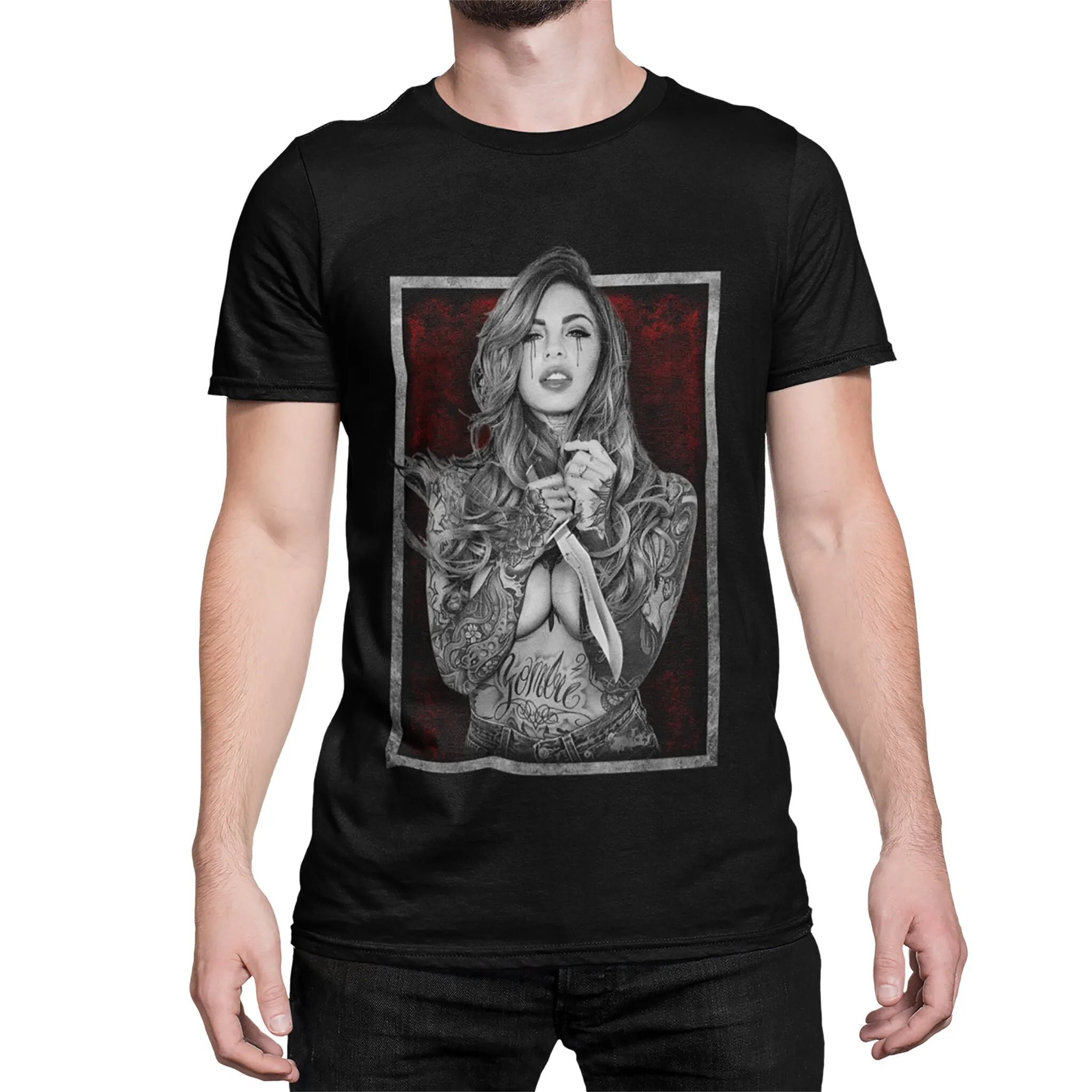 

Men s T Shirt with Motif Tattoo Girl in Black Khaki White Size 5XL