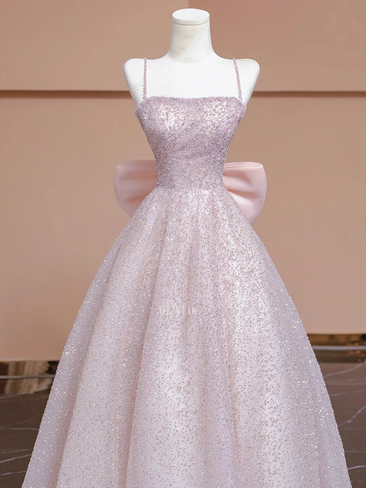 الوردي أنيقة لامعة فستان حفلات المرأة السباغيتي الأشرطة ألف خط مع القوس الظهر حفلة رسمية ثوب مسائي فساتين المشاهير حسب الطلب