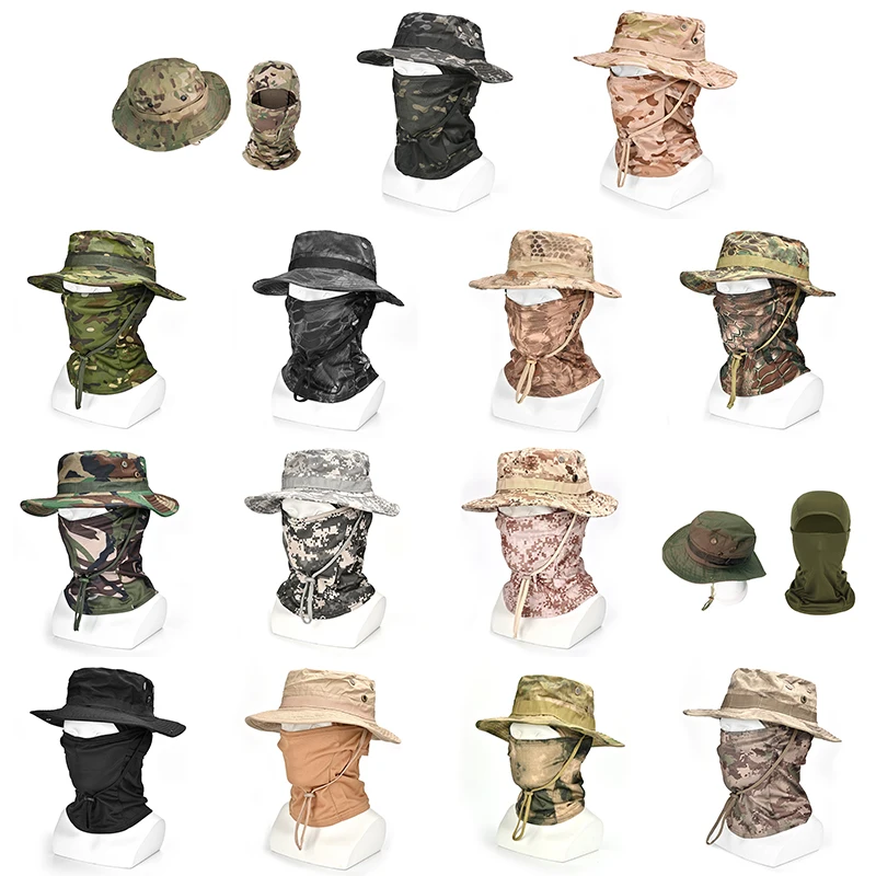 Tactical Camouflage Hat Sun Protection Set Outdoor Sport Hiking Fishing UV Protection Neck Face Boonie Hat Adjustable Bucket Cap