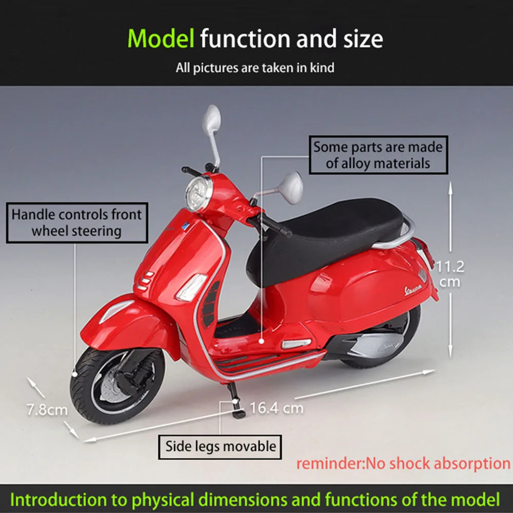 1/12 Vespa GTS Super Motorcycle Model Toy Cars for Boy Alloy Diecast Pull Back Pedal Motorcycles Car Models with Shock Absorbers