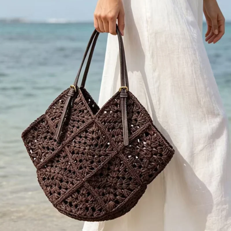 

Summer Straw Woven Tote Bag, Fashion Retro Color-blocked Splicing Shoulder Bag, Casual Versatile Hollowed-out Beach Vacation Bag