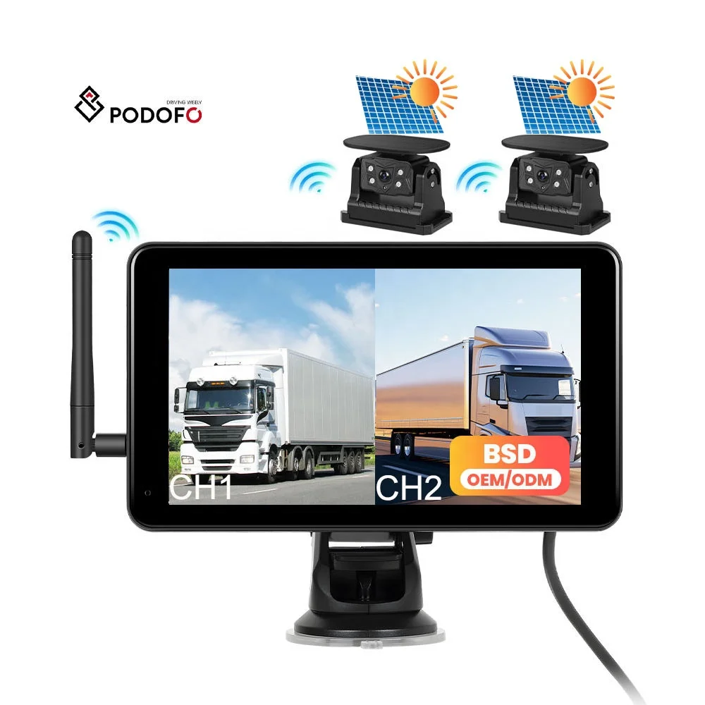 Podofo Digital Wireless 2x Solar Reverse Cameras with 7'' BSD DVR Night Vision IP68 Waterproof for Truck Bus RV Factory