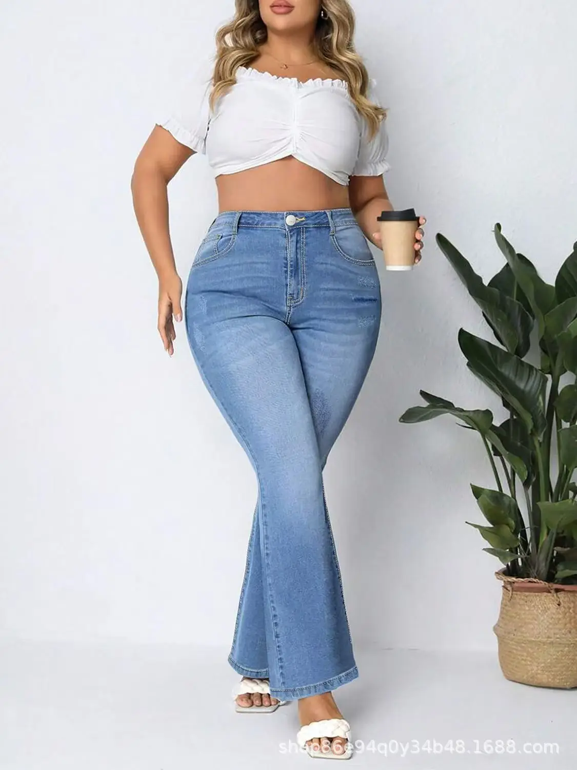Jean évasé grande taille pour femme, jean skinny extensible bleu clair, pantalon en denim ample rétro décontracté, adapté au quotidien décontracté