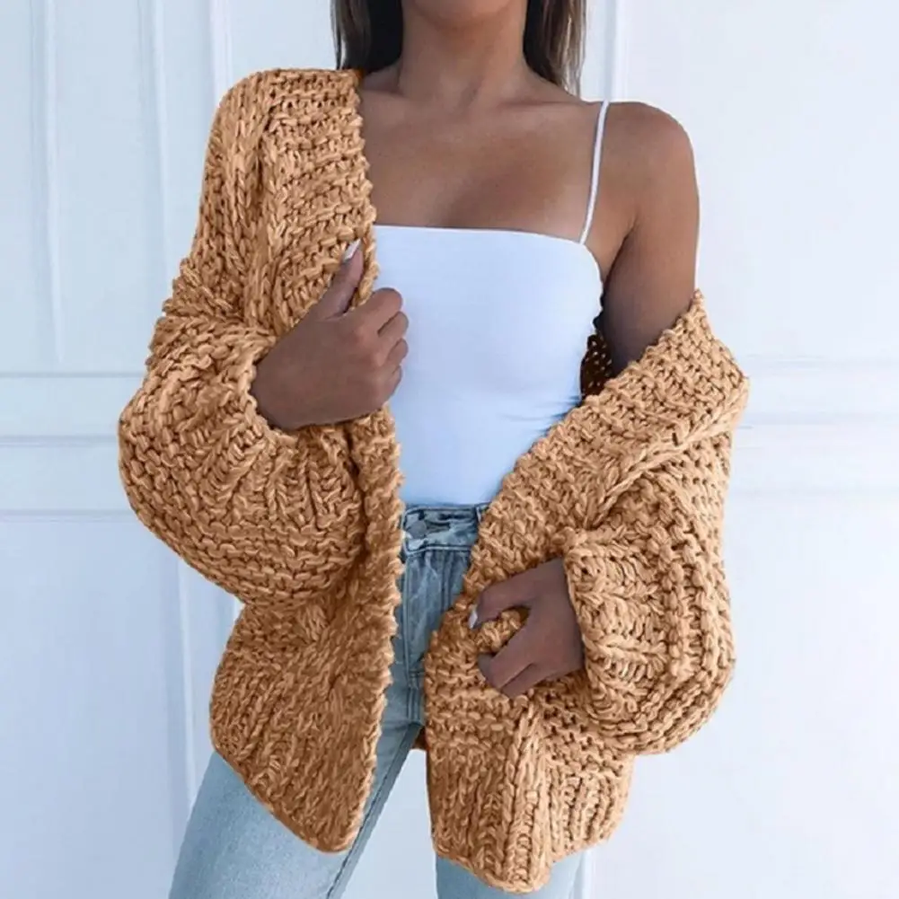 4 Colors Ladies Solid Color Sweater Cardigan Coat Skin-friendly Leisure Lantern Sleeve Loose Knitted Cardigan Coat For Office