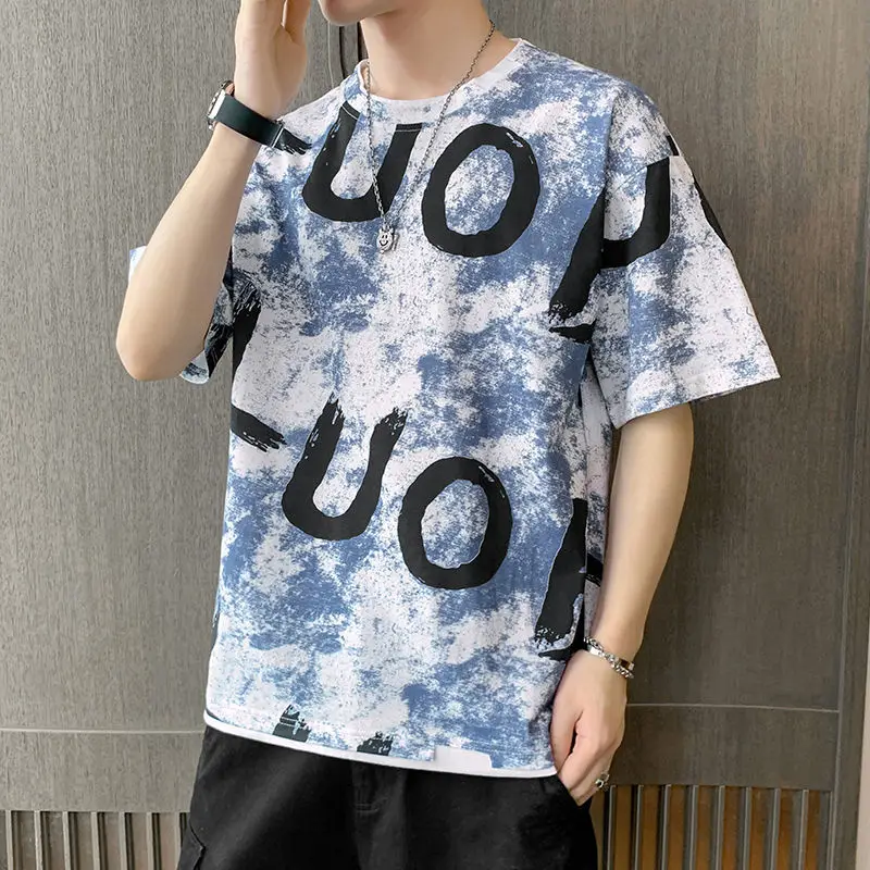 Fashion O-Neck Printed Spliced Fake Two Pieces T-Shirt Men\'s Clothing 2024 Spring New Casual Pullovers Loose Korean Tee Shirt