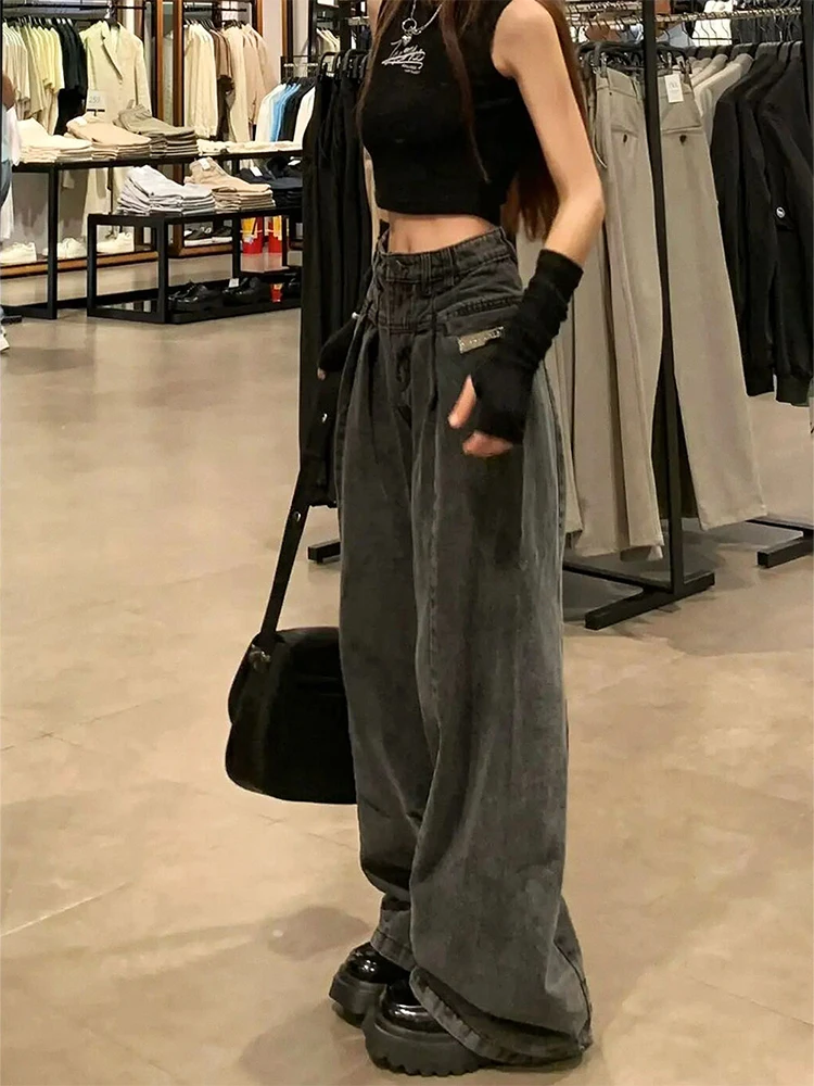 Pantalones vaqueros holgados de cintura baja para mujer, ropa de calle Y2k, pantalones largos de mezclilla apilados BF, Grunge Cyber gyuu Goth de