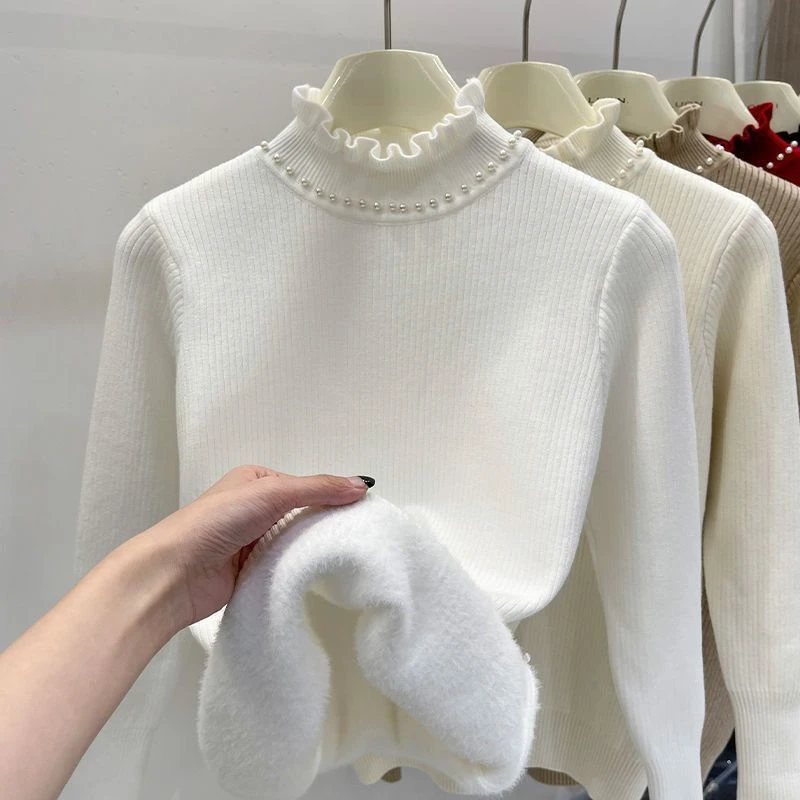 Women's Half Turtleneck Cashmere Knitted Sweater Women Velvet Lined Warm Jumpers Ladies Pullover Autumn Winter Women's Sweaters