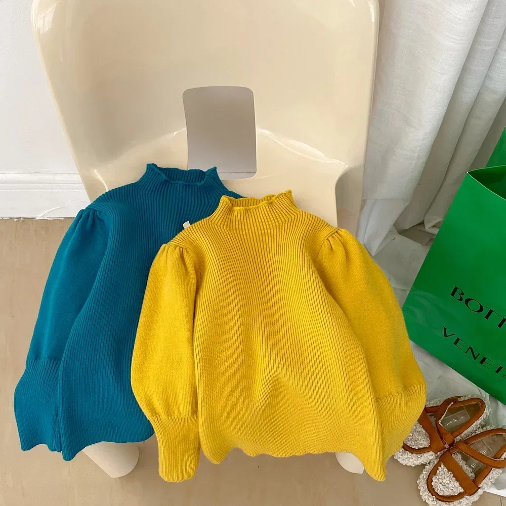 

Girls Sweaters Autumn 2024 New Style Solid O-neck Pull Sleeve Childrens Bottom Layer Shirt