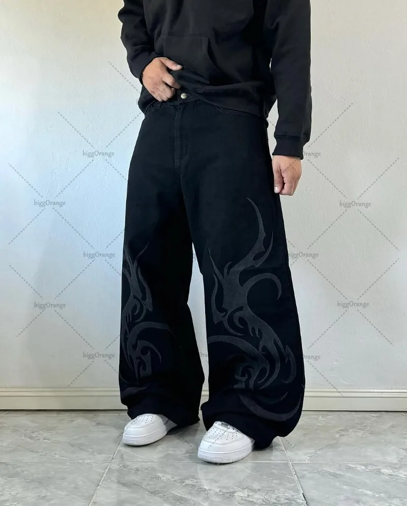 هاي ستريت ريترو هاراجوكو ملابس الشارع الشهير بنطلون النمط الأمريكي فضفاض غسلها الجينز الرجال القوطية الشرير العصرية فضفاض السراويل البضائع غير رسمية #2